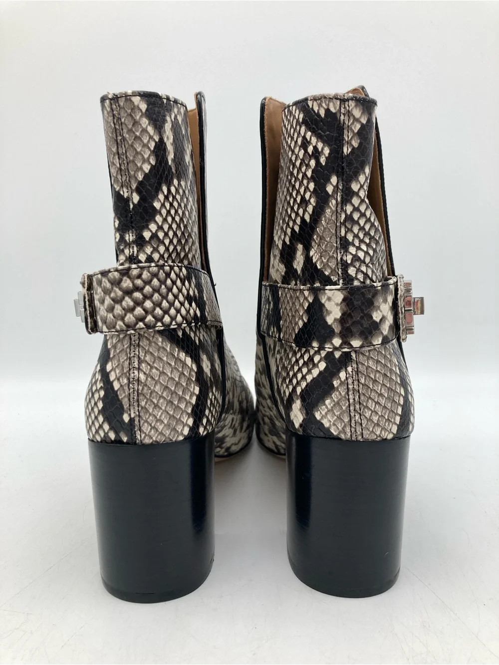 Tory Burch Kira 70mm Snakeskin Print Leather Turnlock Heeled Booties